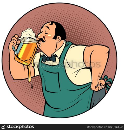The bartender drinks beer. A man and a soft draught drink. Alcoholic pub Isolate on a white background Comic cartoon vintage 50s 60s style hand drawing. The bartender drinks beer. A man and a soft draught drink. Isolate on a white background
