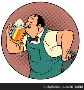 The bartender drinks beer. A man and a soft draught drink. Alcoholic pub Isolate on a white background Comic cartoon vintage 50s 60s style hand drawing. The bartender drinks beer. A man and a soft draught drink. Isolate on a white background