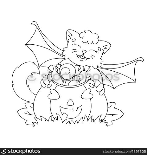 The bat found a basket of sweets. Coloring book page for kids. Halloween theme. Cartoon style character. Vector illustration isolated on white background.