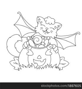The bat found a basket of sweets. Coloring book page for kids. Halloween theme. Cartoon style character. Vector illustration isolated on white background.