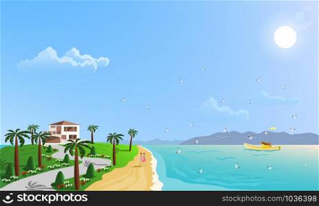 The beachfront location is home to green hills surrounded by palm trees. Fishing boat at sea . Group of seagulls flying in the sky.Clouds and sun in the sky.Mountain and blue sky background