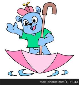 the bear is using the umbrella as a boat in the flood monsoons