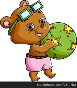 The bear with the beach outfit is playing the ball