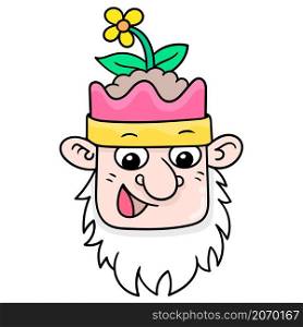 the beard faced old dwarf head smiled with a plant on top of his head