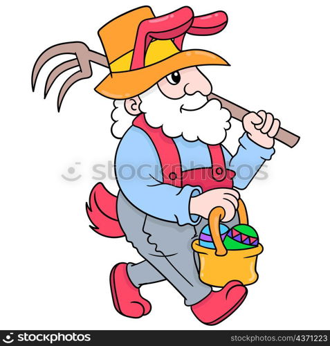 the beared old man walked happily with a basket filled with easter eggs