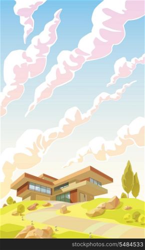 The beautiful contemporary minimalistic house with a balconies, garage and a garden on a hill&rsquo;s top. There is a spacious copy space above the villa.&#xA;&#xA;Editable layered vector EPS v10.0. Your votes are appreciated as always. Enjoy!