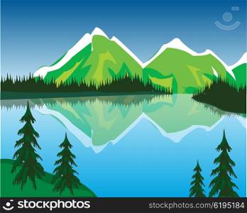 The Beautiful lake in mountain amongst wood.Vector illustration. Lake in mountains