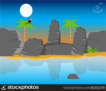 The Beautiful landscape with palm and oceanside.Vector illustration. Tropical coast