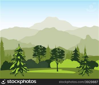 The Beautiful landscape with wood and mountain.Vector illustration. Landscape with wood and mountain