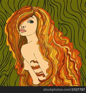 The beautiful red-haired girl on a green background
