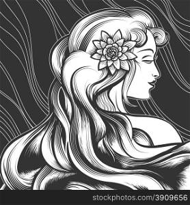 The beautiful woman with a flower in hair. Engraving style. Monochrome illustration.