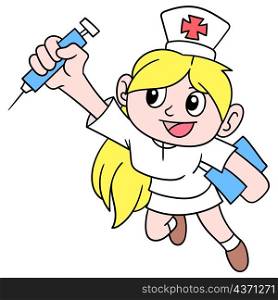 the beautiful yellow blonde haired nurse is promoting the vaccine shot