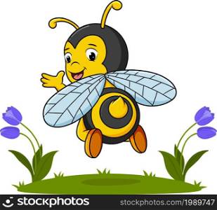 The bee with the yellow sting are flying in the park of illustration