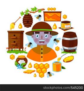 The beekeeper in protective clothes and with different objects of beekeeping on white background.Vector illustration.