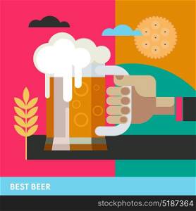 The best beer. Hand holds mug of beer. A colorful poster advertising beer.