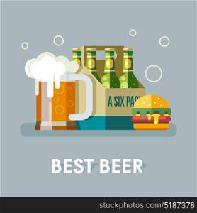 The best beer. Mug of beer and pack of bottled beer. Hamburger. Vector illustration.