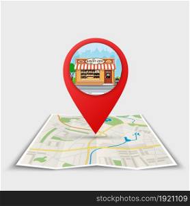 The best location bakery. Folded maps with color Point on the map with building. Vector illustration in flat style. The best location bakery.