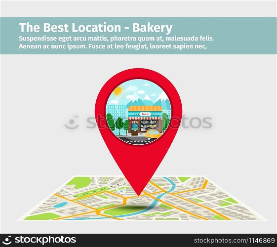 The best location bakery. Point on the map with building vector illustration. The best location bakery