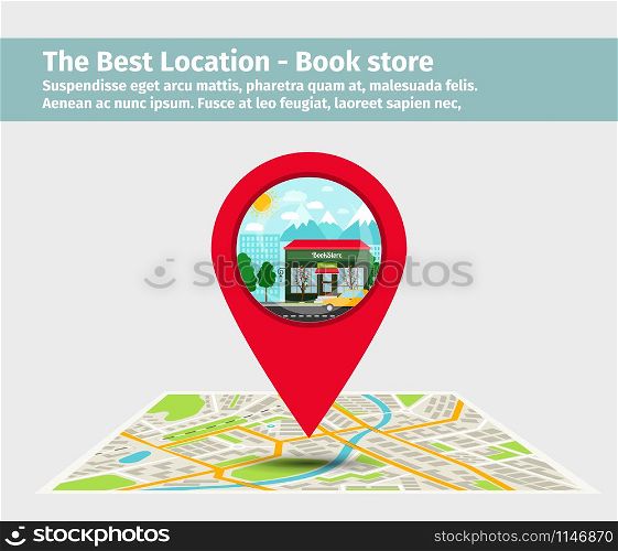 The best location book store. Point on the map with building, vector illustration. The best location book store