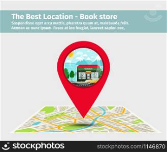 The best location book store. Point on the map with building, vector illustration. The best location book store