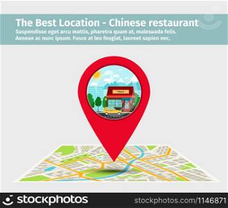 The best location chinese restaurant. Point on the map with building, vector illustration. The best location chinese restaurant
