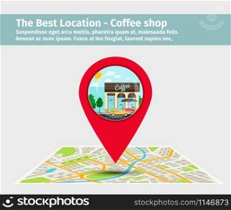 The Best location coffee shop. Point on the map with building, vector illustration. Best location coffee shop