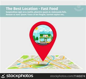 The best location fast food. Point on the map with building, vector illustration. The best location fast food