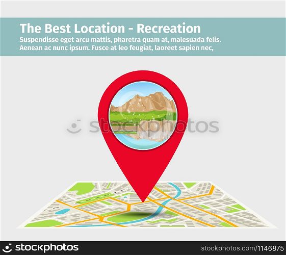 The Best location for recreation. Point on the map with building, vecrtor illustration. Best location for recreation