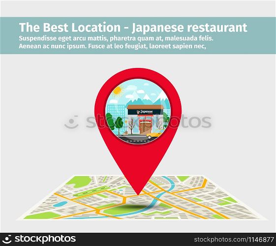 The best location japanese restaurant. Point on the map with building illustration, vector. The best location japanese restaurant