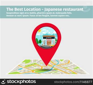 The best location japanese restaurant. Point on the map with building illustration, vector. The best location japanese restaurant