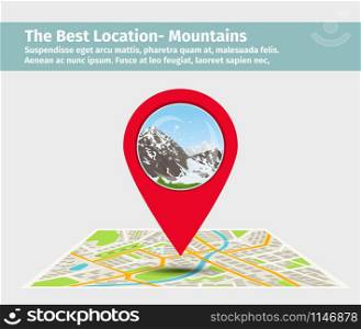 The best location mountains. Point on the map with building illustration, vector. The best location mountain