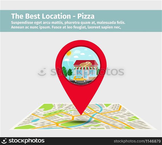 The best location pizza. Point on the map with building illustration. vector. Best pizza point on map