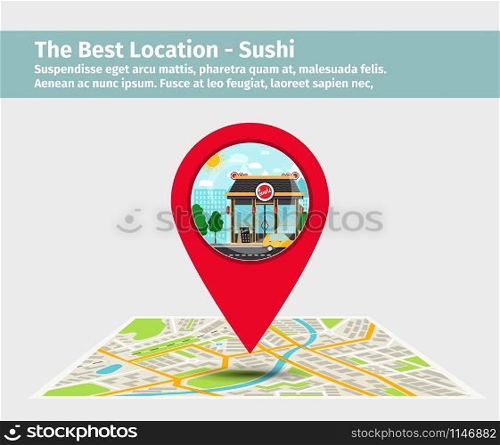 The best location sushi. Point on the map with building illustration. The best location sushi