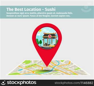 The best location sushi. Point on the map with building illustration. The best location sushi