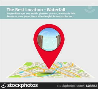 The Best Location Waterfall. Point on the map with building illustration. Point on the map with waterfall