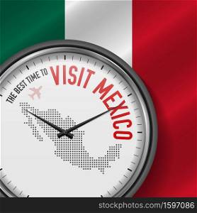 The Best Time to Visit Mexico. Travel to Mexico. Tourist Air Flight. Waving Flag Background and Dots Pattern Map on the Dial. Vector Illustration.. The Best Time to Visit Mexico. Flight, Tour to Mexico. Vector Illustration