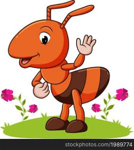 The big ant is waving the hand in the garden of illustration