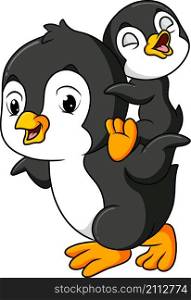 The big penguin is lifting the baby penguin