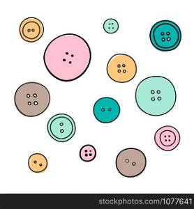 The big set of various colored buttons on white. silhouette ink pen. Hand drawn engraving illustration, minimalism sketch style. The big set of various buttons on the white. minimalism sketch style