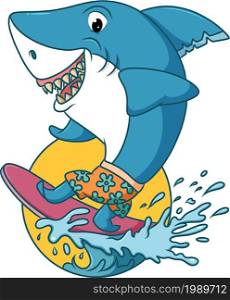 The big shark is surfing in the beach of illustration