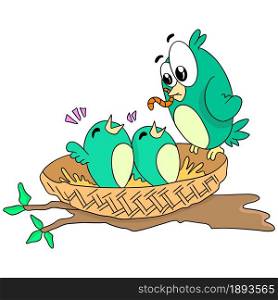 the bird is feeding its young in the nest. cartoon illustration cute sticker