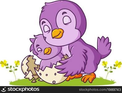 The bird is hugging the baby from the cracking eggs of illustration