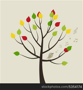 The bird sings on a tree. A vector illustration