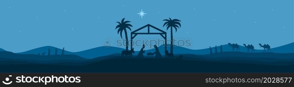 The birth of Jesus Christ. Christmas holiday. Nativity scene. Holy night. Silhouette of baby Jesus in the manger, Mary, Joseph, shepherds and magi. Vector. The birth of Jesus Christ. Christmas holiday. Nativity scene. Holy night. Silhouette of baby Jesus in the manger, Mary, Joseph, shepherds and magi. Christmas vector illustration.