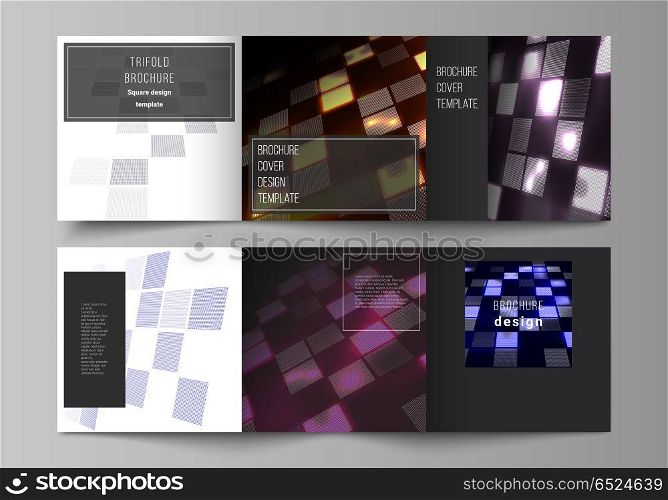 The black colored minimal vector of editable layout. Abstract hi-tech background in perspective. Futuristic digital technology backdrop. Modern covers design templates for trifold square brochure.. The black colored minimal vector of editable layout. Abstract hi-tech background in perspective. Futuristic digital technology backdrop. Modern covers design templates for trifold square brochure