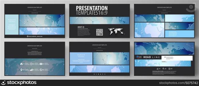 The black colored minimalistic vector illustration of the editable layout of high definition presentation slides design templates. World map on blue, geometric technology design, polygonal texture.. The black colored minimalistic vector illustration of the editable layout of high definition presentation slides design templates. World map on blue, geometric technology design, polygonal texture