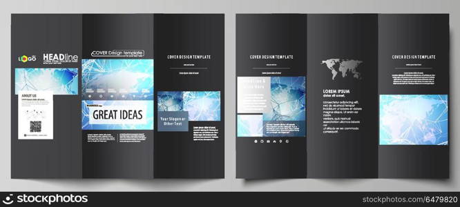 The black colored minimalistic vector illustration of the editable layout of two creative tri-fold brochure covers design templates. World map on blue, geometric technology design, polygonal texture.. The black colored minimalistic vector illustration of the editable layout of two creative tri-fold brochure covers design templates. World map on blue, geometric technology design, polygonal texture