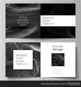 The black colored vector illustration layout of two covers templates for square design bifold brochure, magazine, flyer, booklet. Smooth smoke wave, hi-tech concept black color techno background. The black colored vector illustration layout of two covers templates for square design bifold brochure, magazine, flyer, booklet. Smooth smoke wave, hi-tech concept black color techno background.