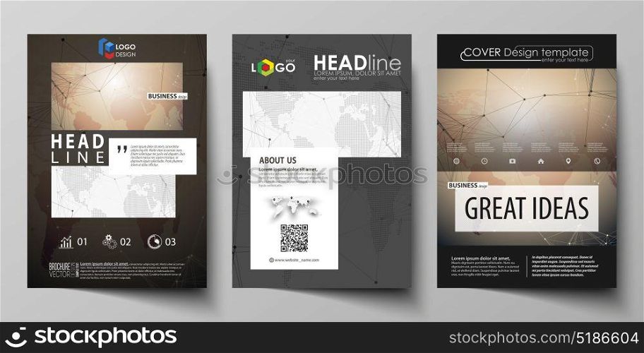 The black colored vector illustration of editable layout of A4 format covers design templates for brochure, magazine, flyer, booklet. Global network connections, technology background with world map.. The black colored vector illustration of the editable layout of A4 format covers design templates for brochure, magazine, flyer, booklet. Global network connections, technology background with world map.