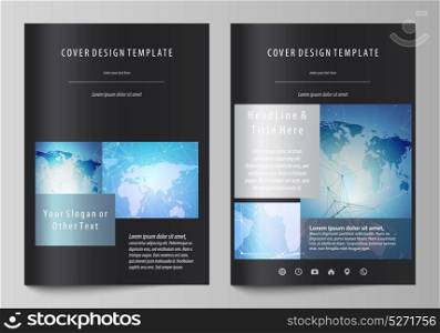 The black colored vector illustration of editable layout of A4 format covers design templates for brochure, magazine, flyer, booklet. World map on blue, geometric technology design, polygonal texture.. The black colored vector illustration of the editable layout of A4 format covers design templates for brochure, magazine, flyer, booklet. World map on blue, geometric technology design, polygonal texture.